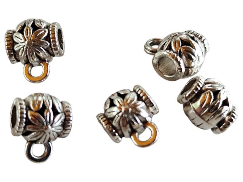 5 x bail w ring, flower design, 8x9mm, 3mm hole