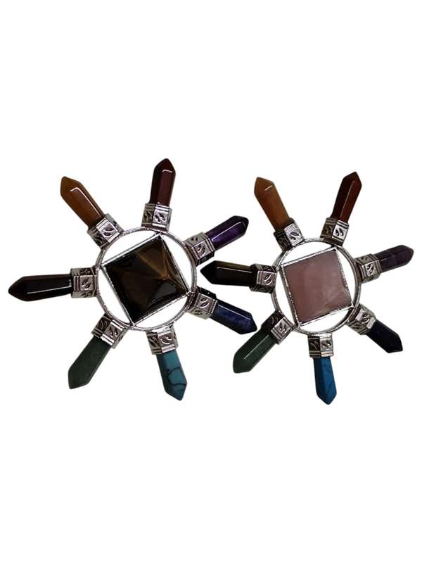 Assorted gemstone Pyramid w chakra points, 80mm