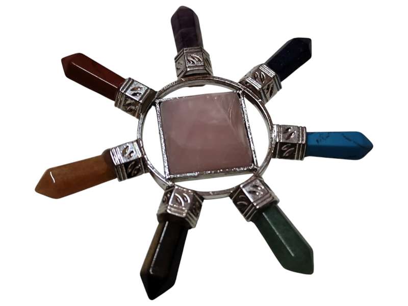 Assorted gemstone Pyramid w chakra points, 80mm
