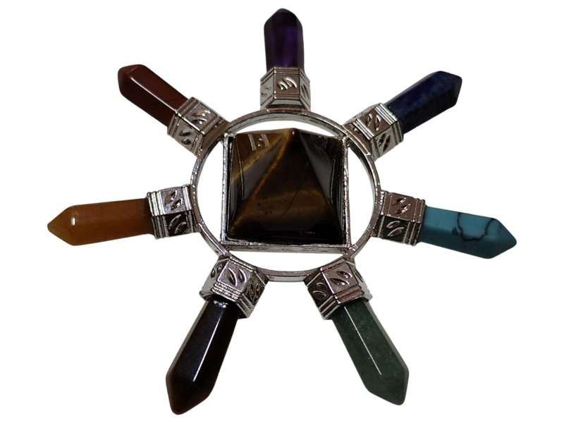 Assorted gemstone Pyramid w chakra points, 80mm