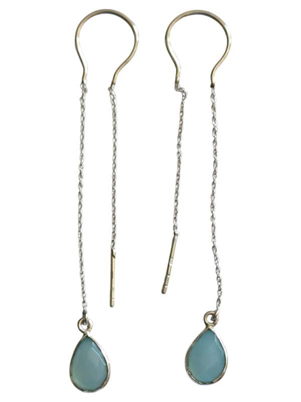 Aqua chalcedony facet pear dangle earrings, 925 silver, 7.5cm