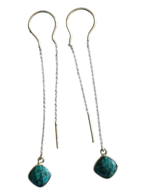 Turquoise facet square dangle earrings, 925 silver, 7.5cm