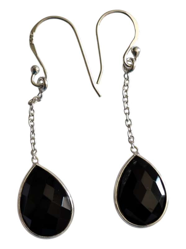 Black obsidian facet pear dangle earrings, 925 Silver, 4.8cm