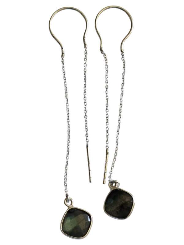 Labradorite facet square dangle earrings, 925 silver, 7.5cm