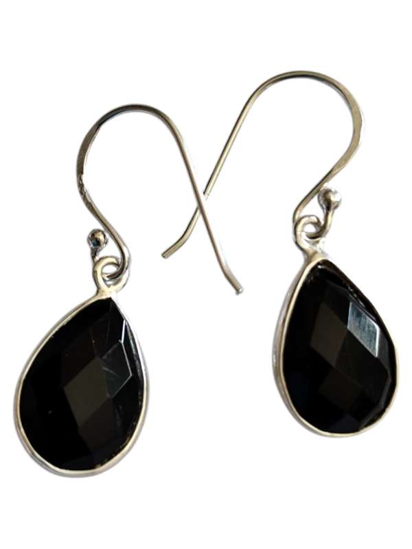 Black Obsidian facet dangle earrings, 925 Silver, 2.9cm