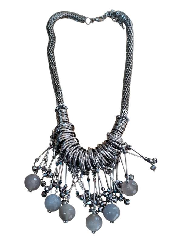Stainless steel Brutalist Necklace, Grey agate and silver glass rondelle and swavoski beads, 54cm