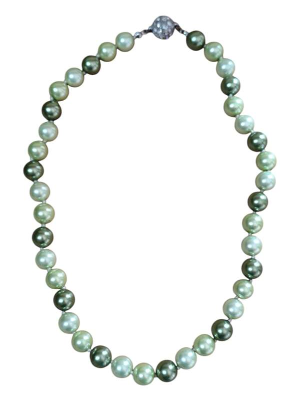 Green color Shell pearl necklace with magnetic ball clasp, round, 54cm