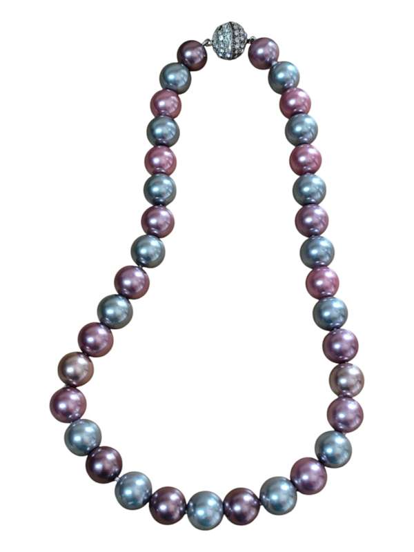 Mauve taupe, silver and pink color Shell pearl necklace with magnetic ball clasp, round, 52cm