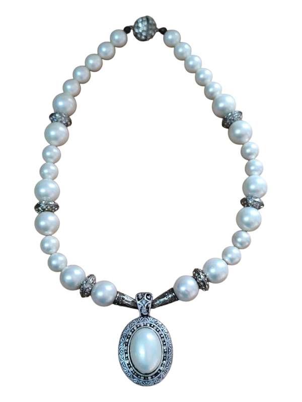 Antique Shell pearl and decorative spacers necklace with pendant with magnetic ball clasp, round,...