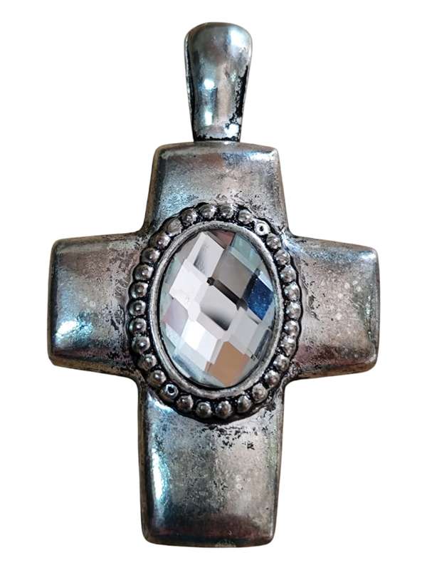 Cross pendant with silver rhinestone in the middle with clip bail, Base metal, 3.8 x 6.1cm