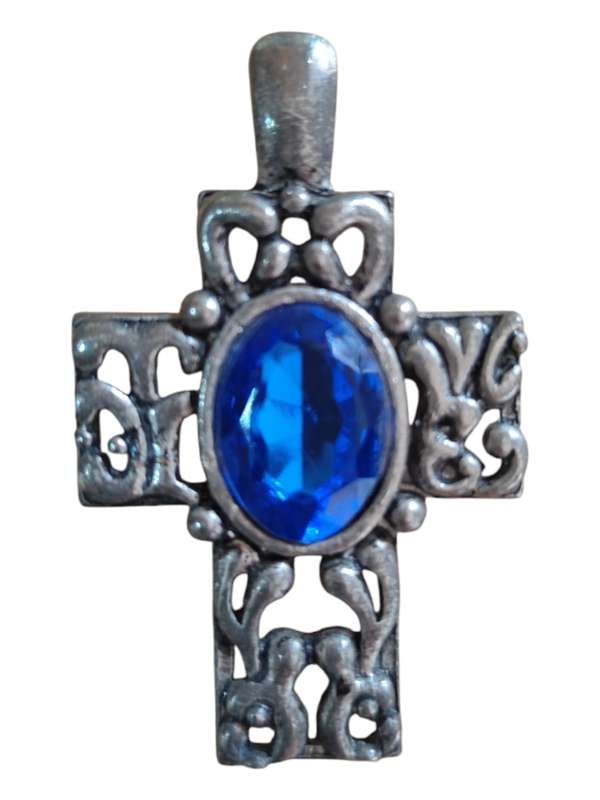 Cross pendant with Royal blue rhinestone in the middle with clip bail, Base metal, 3.4 x 5.6cm