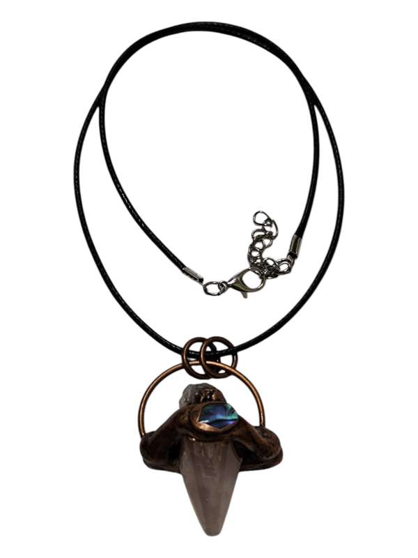Rose quartz pendulum point necklace decorated with paua shell and amethyst piece on the copper co...