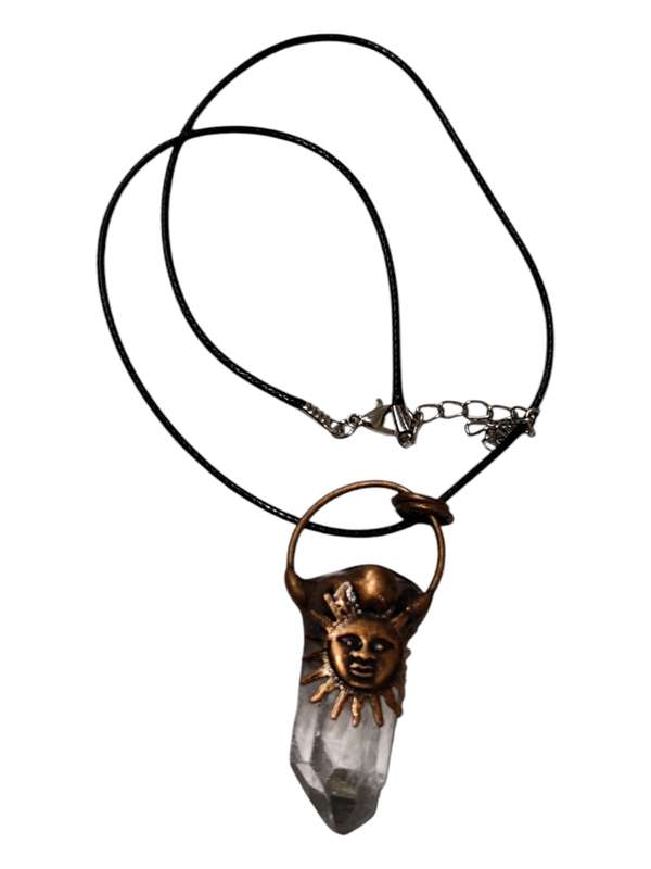 Natural Quartz crystal pendulum point necklace decorated with sun on copper color base, 67mm incl...