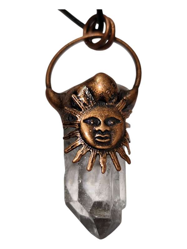 Natural Quartz crystal pendulum point necklace decorated with sun on copper color base, 67mm incl...