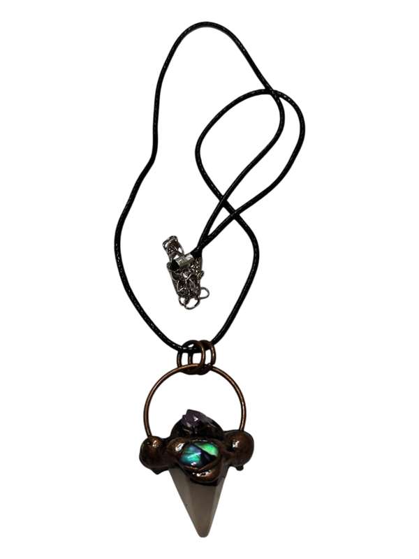 Quartz pendulum point necklace decorated with paua shell and amethyst piece on the copper color b...