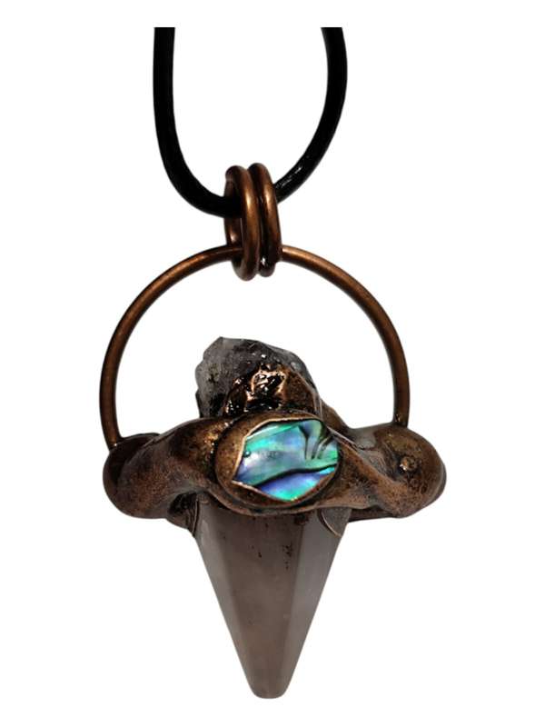 Rose quartz pendulum point necklace decorated with paua shell and amethyst piece on the copper co...