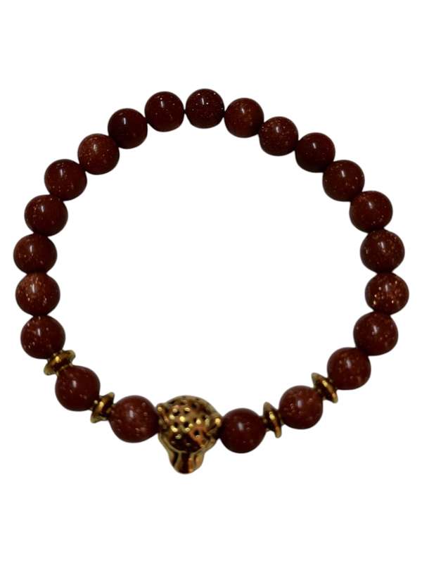 Goldstone bracelet with cheetah head bead and gold color base metal disk bead, 8mm beads