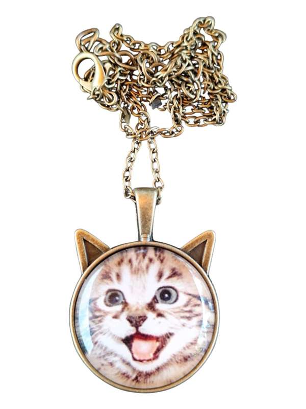 Bronze dome Kitten necklace, Base metal, includes oval link chain with lobster clasp