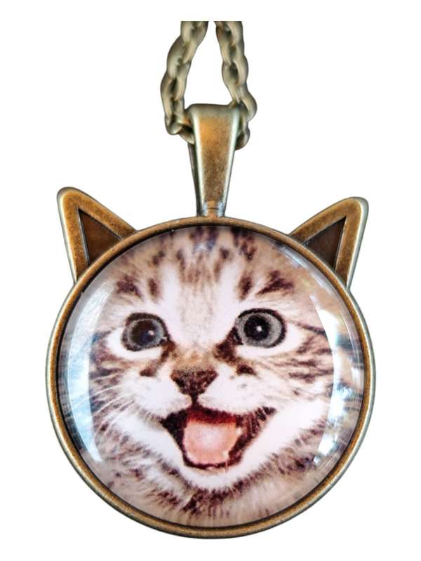 Bronze dome Kitten necklace, Base metal, includes oval link chain with lobster clasp