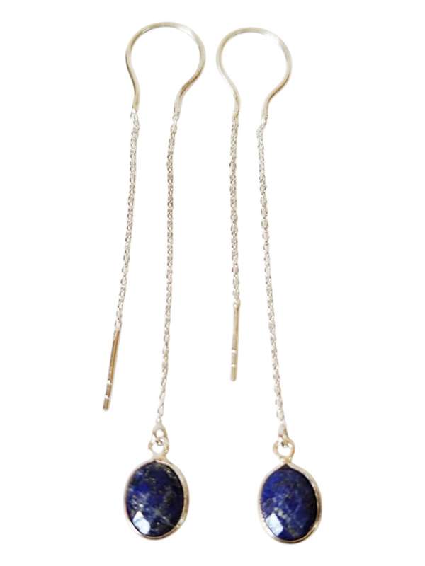 Lapis lazuli facet oval dangle earrings, 925 silver, 7.1cm