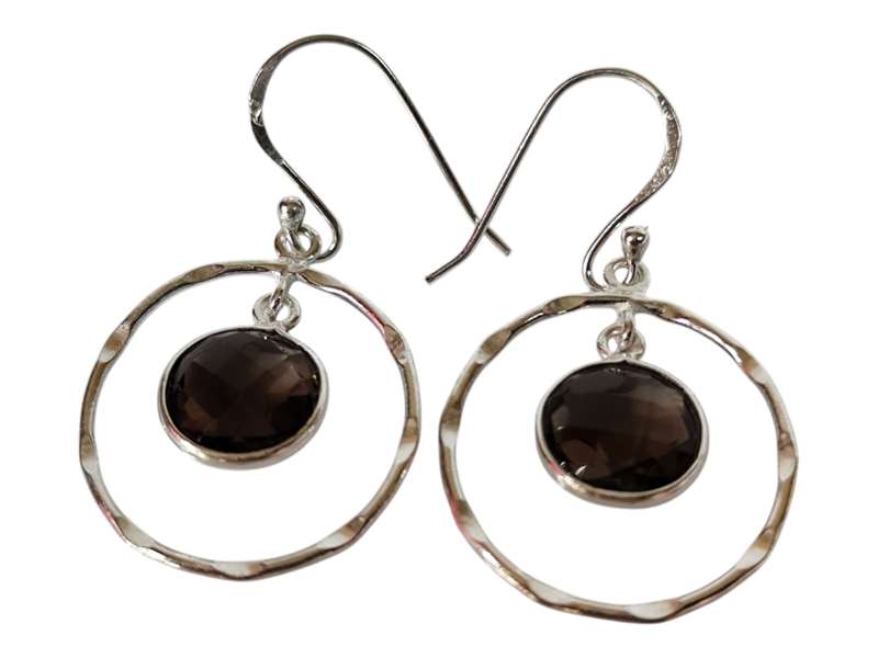 Smoky quartz round facet dangle earrings, 925 Silver, 4cm
