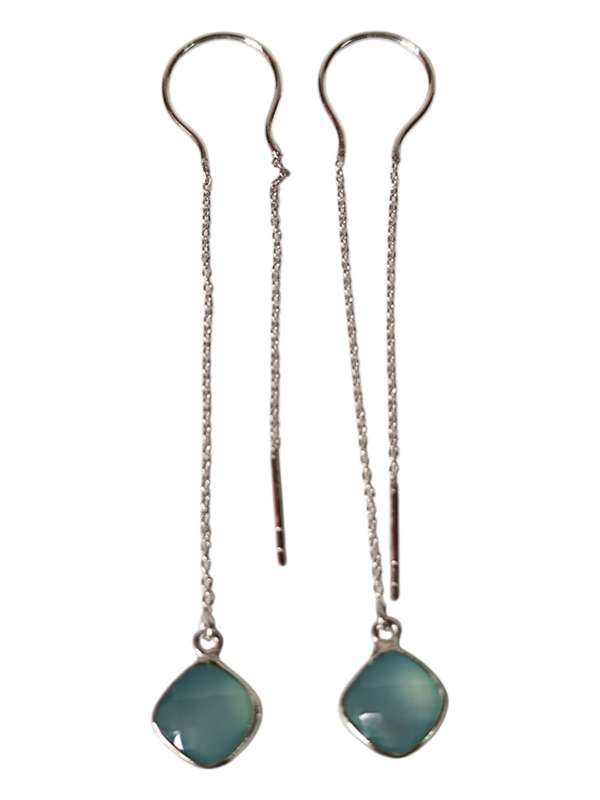 Aqua Chalcedony facet square dangle earrings, 925 silver, 7.5cm