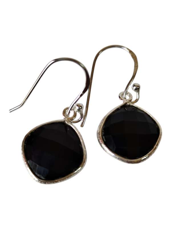 Black Onyx Square facet dangle earrings, 925 Silver