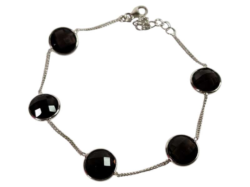 Smoky quartz bracelet in 925 silver, Round, with lobster clasp and extension chain end, 19.6 + 2.8cm