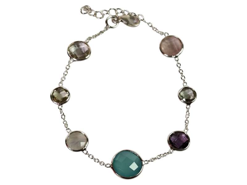 Assorted gemstone bracelet in 925 silver, Round, with lobster clasp and extension chain end, 17.2...