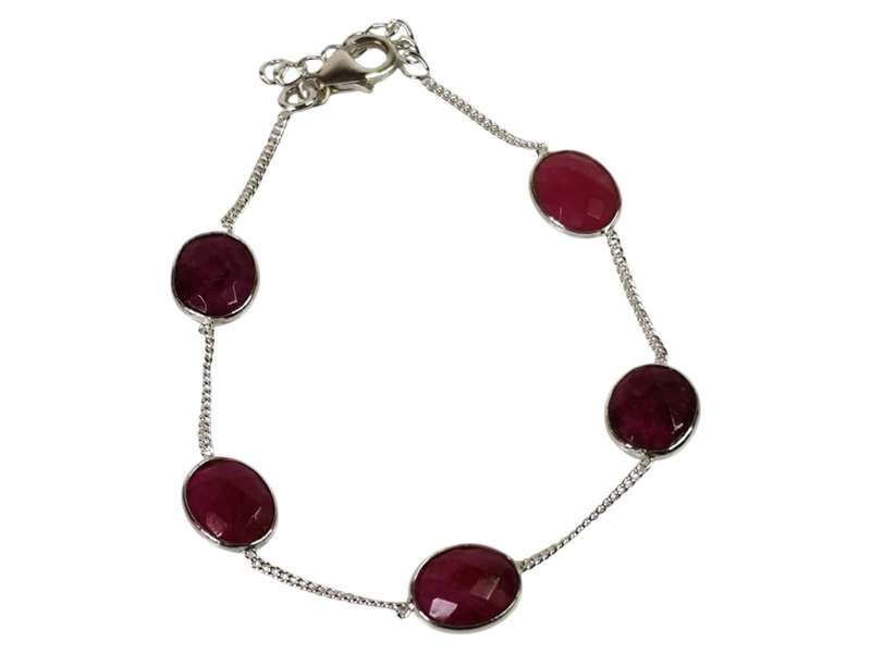 Ruby bracelet in 925 silver, Oval, with lobster clasp and extension chain end, 18.3 + 2.3cm