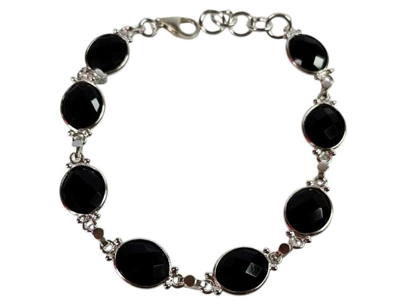 Black Onyx bracelet in 925 silver, Oval, with lobster clasp and jumpring chain end, 19 + 1.7cm
