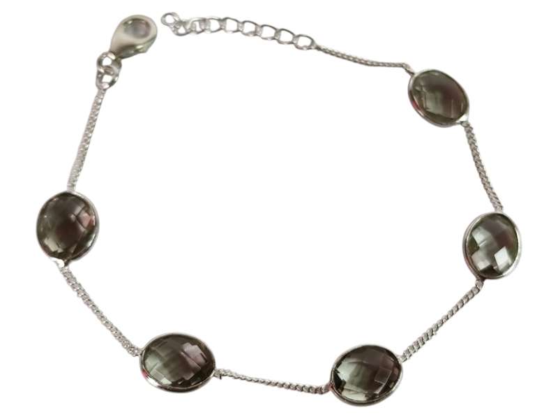 Green Amethyst bracelet in 925 silver, Oval, with lobster clasp and extension chain end, 18.4 + 2...
