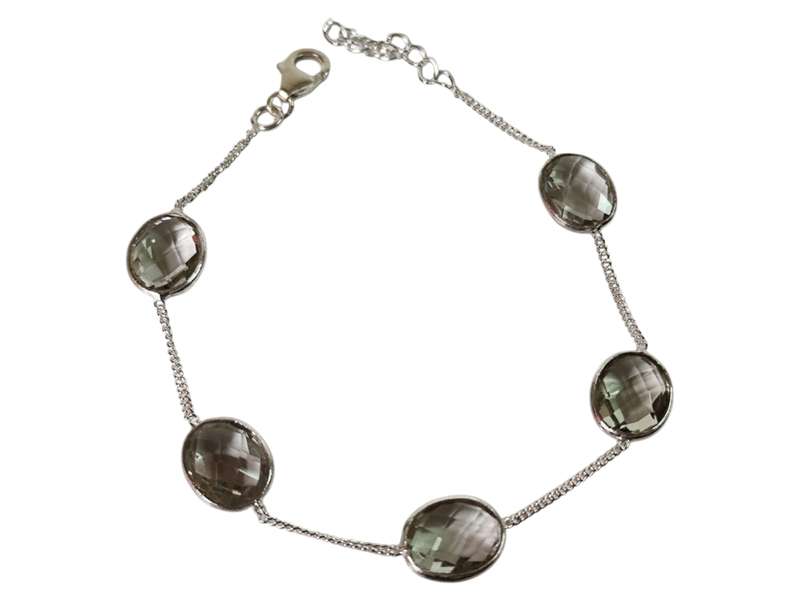 Green Amethyst bracelet in 925 silver, Oval, with lobster clasp and extension chain end, 19 + 2.4cm