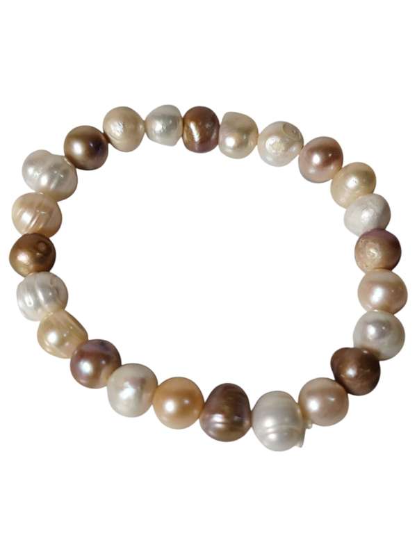 Freshwater Pearl bracelet, Ringed, Cream, mauve and peach, stretch cord