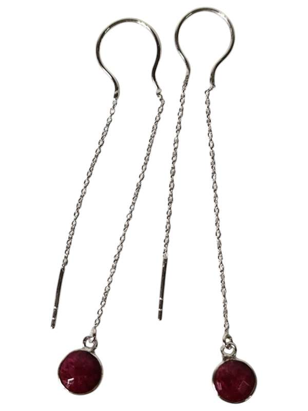 Ruby facet round cut dangle earrings, 925 silver, 7.4cm