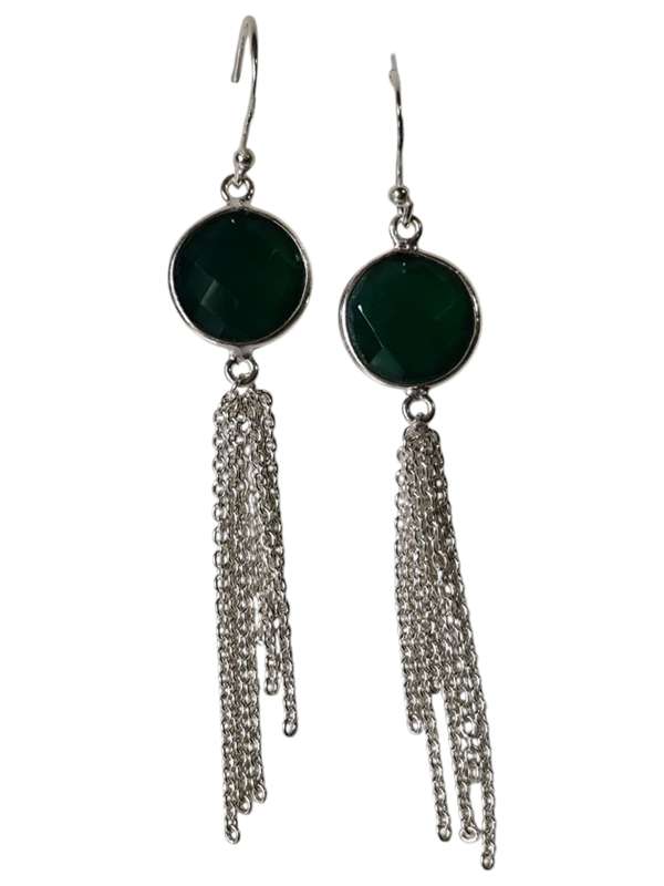Pair of Green Chalcedony round cut dangle earrings, set in 925 silver, 7.3cm