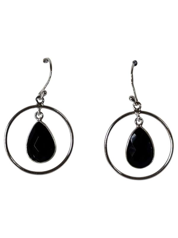 Black onyx Pear facet cut dangle earrings, 925 Silver, 4cm