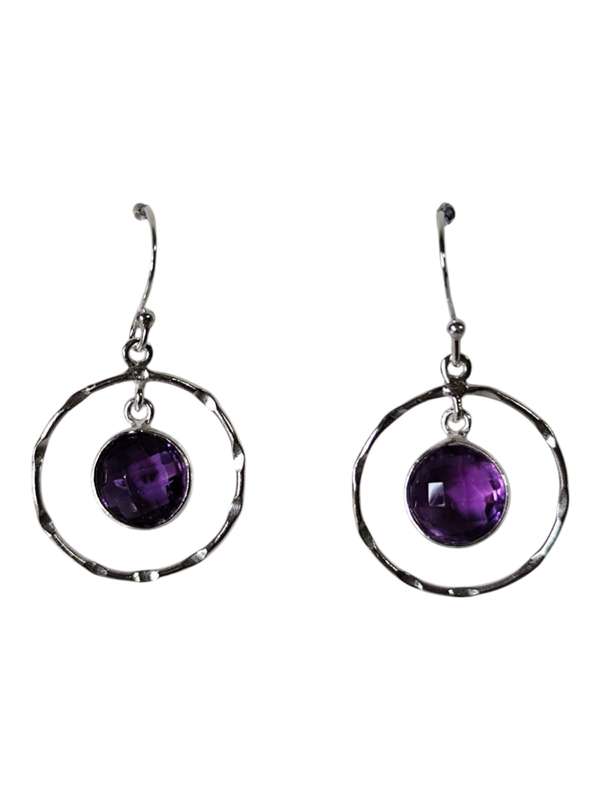 Amethyst round facet dangle earrings, 925 Silver, 3.9cm