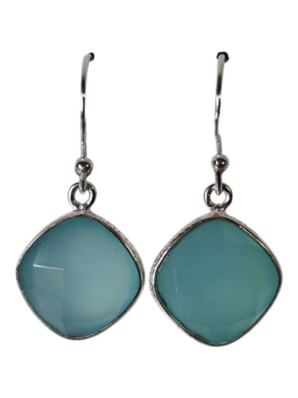 Aqua Chalcedony Square facet dangle earrings, 925 Silver, 3.1cm