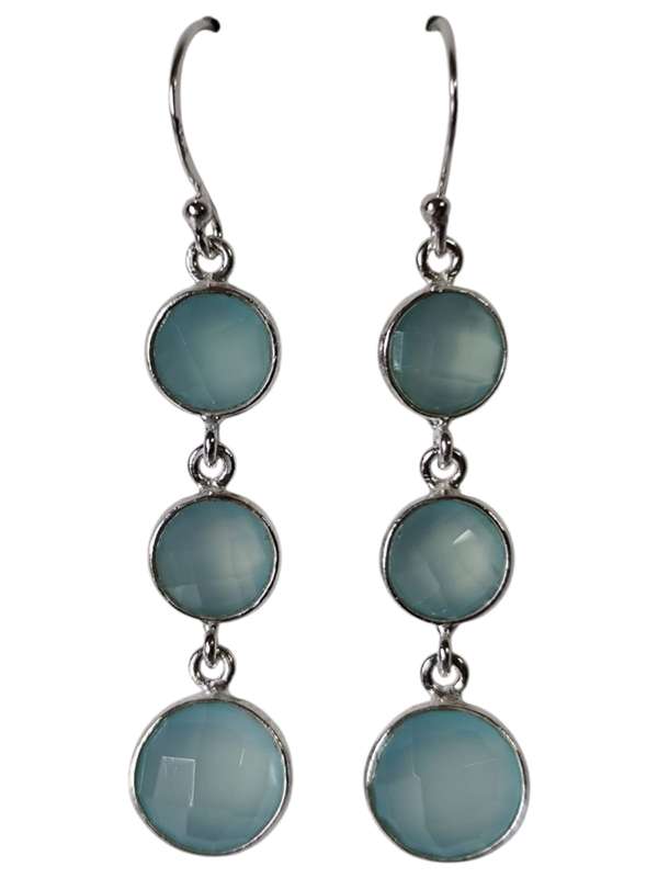 Aqua Chaldedony pair of round facet stone earrings, dangle, 925 silver, 5.5cm