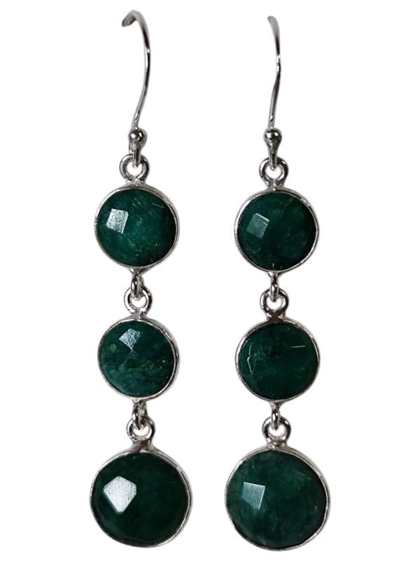 Emerald pair of round facet stone earrings, dangle, 925 silver, 5.5cm