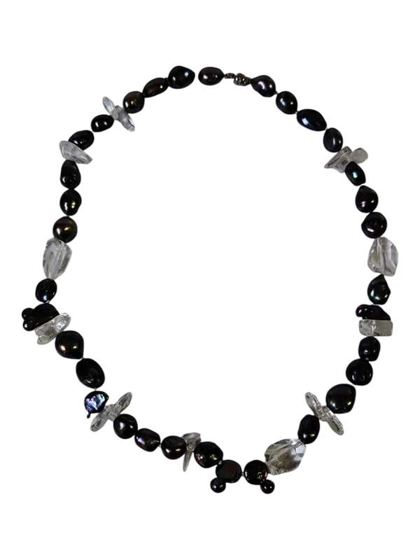 Peacock black freshwater irregular shape pearl necklace with glass spacer beads, 26.5cm when fast...