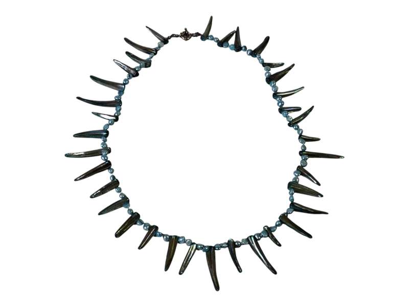 Aqua blue shell and fresh water flat back pearl necklace with base metal signoretti clasp, 38cm w...