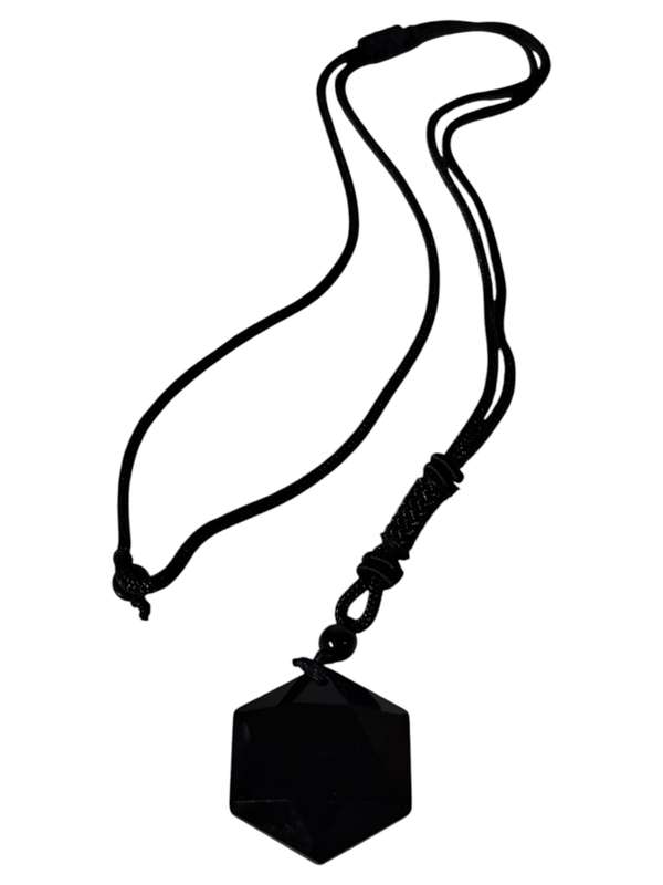 Black obsidian hexagon necklace, black string, adjustable