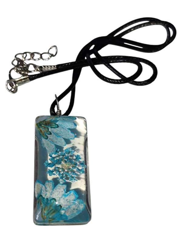 Dried flowers glass rectangle necklace, blue, black string, 45cm