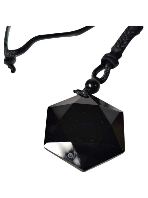 Black obsidian hexagon necklace, black string, adjustable