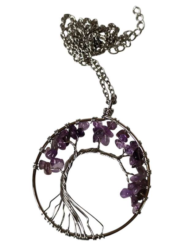 Amethyst Acacia wire tree necklace, base metal, 5.9 x 6.3cm, 45cm length chain extension chain inc.