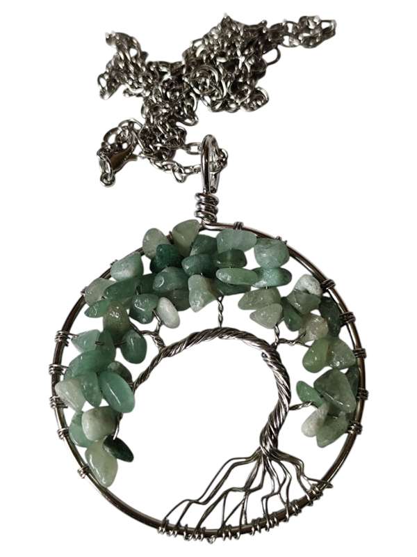 Green Aventurine Acacia wire tree necklace, base metal, 5.9 x 6.3cm, 45cm length chain extension ...