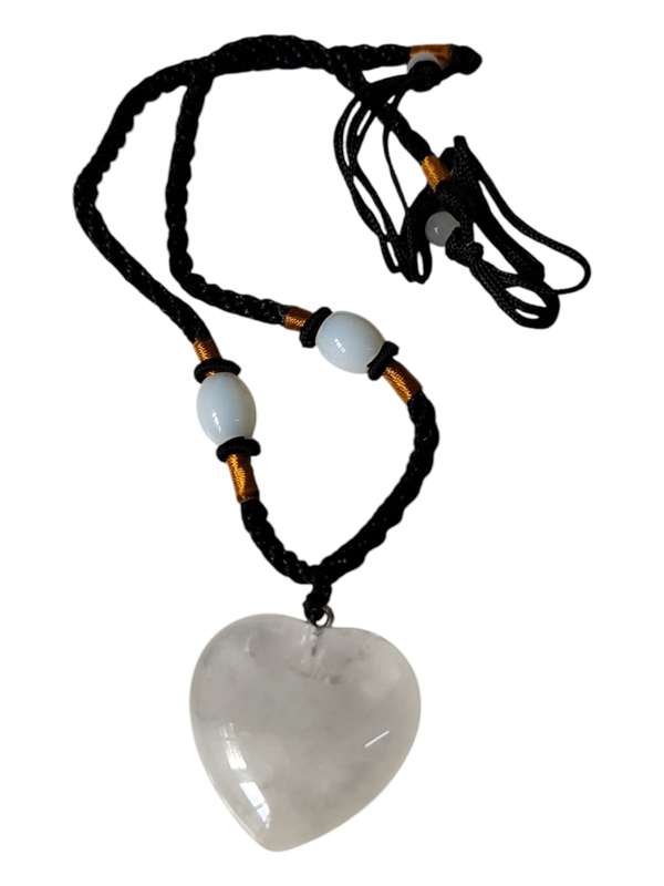 Quartz heart necklace, black string, adjustable