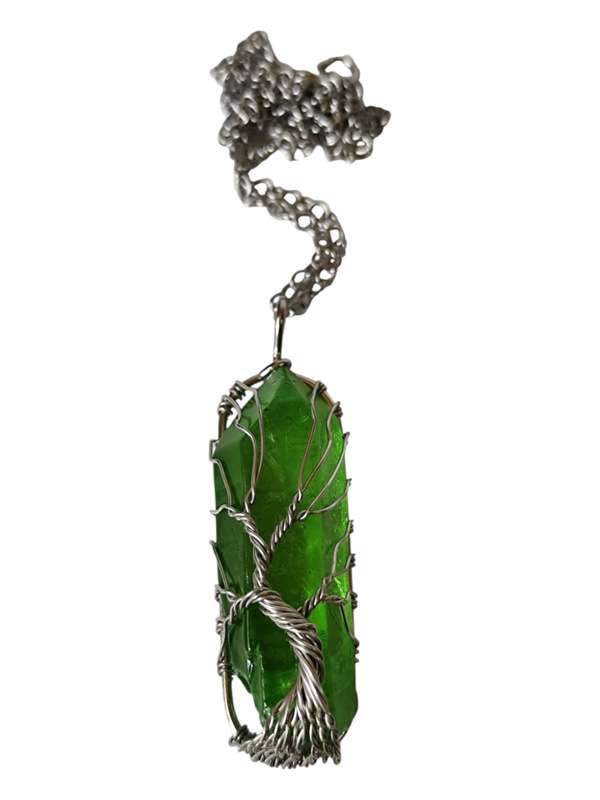 Green Aura quartz with tree-of-life wire wrapped necklace, rough, 50-60mm, 45cm chain extension c...